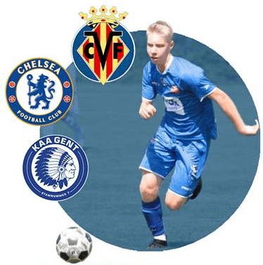 Senne Ceulemans with team logos like Chelsea and Villareal.