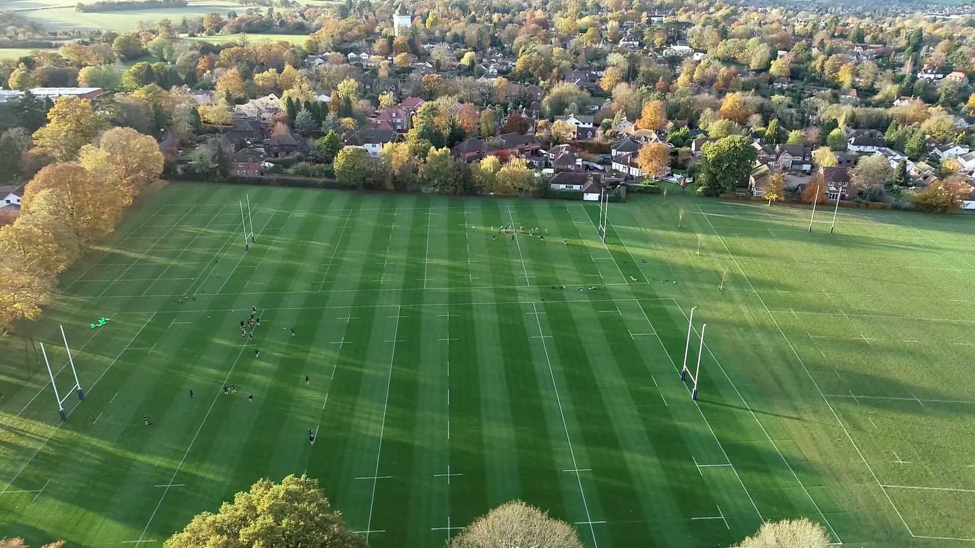 Three large playing fields from an aerial view